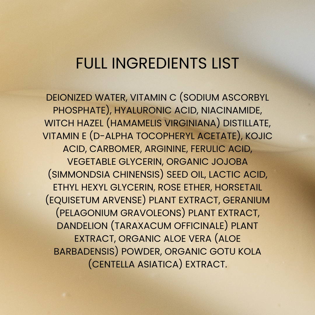 Kleem Dark Spot Serum ingredient list, including Vitamin C, Centella Asiatica and Vitamin E