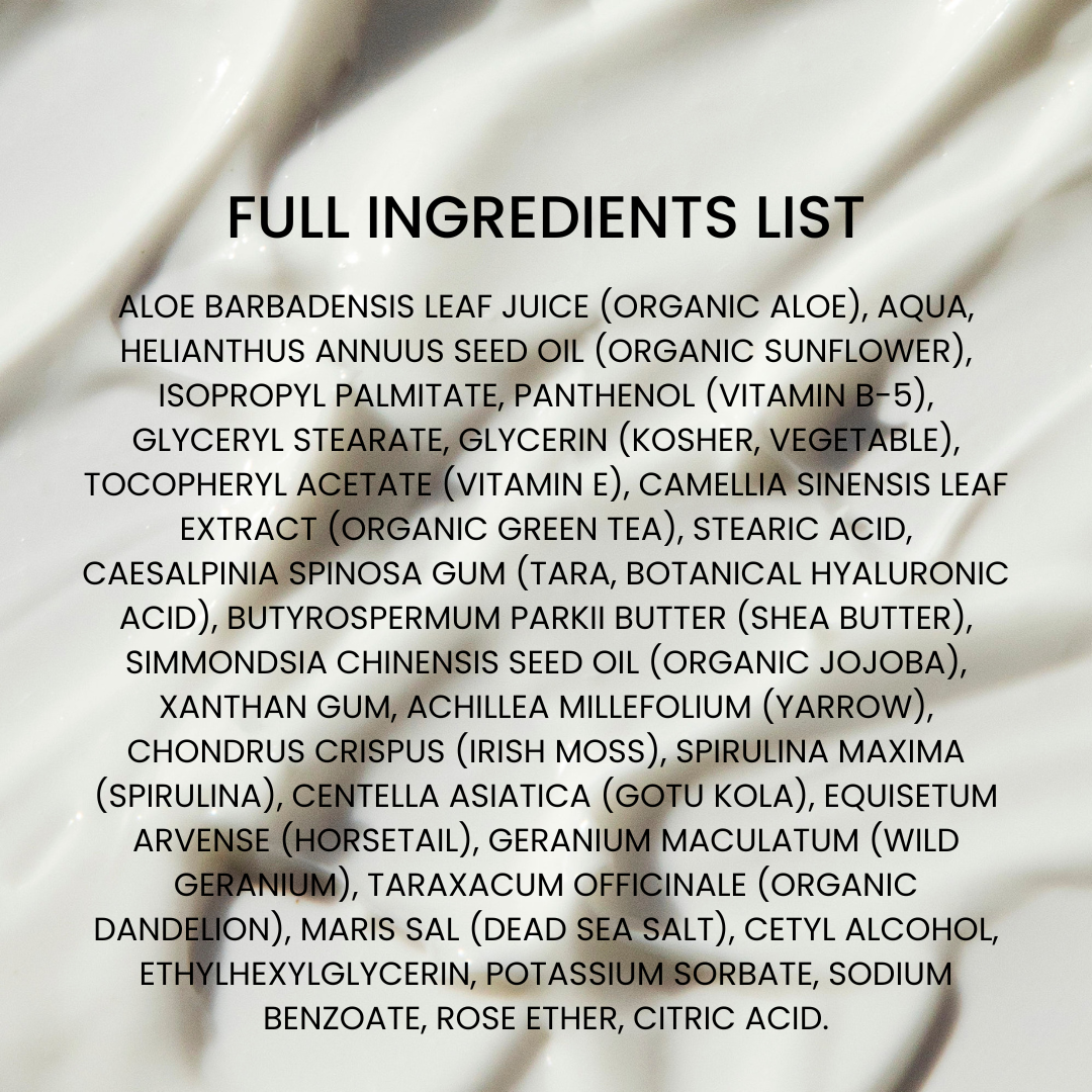 Full ingredients list of Kleem Organics Advanced Hydrating Moisturizer which includes Hyaluronic Acid, Aloe, Panthenol, Green tea, Jojoba oil, and Vitamins