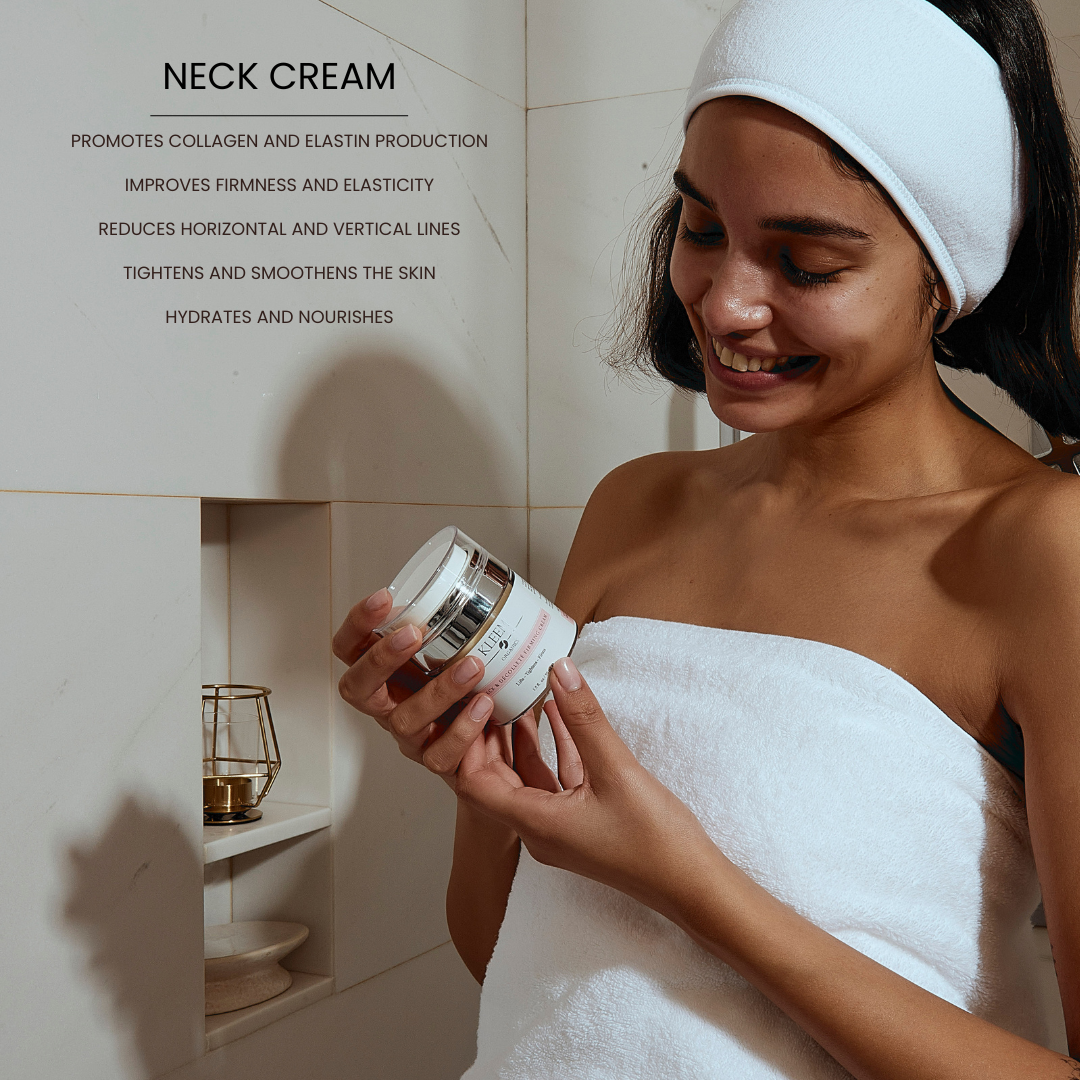 Kleem Organics Neck & Décolleté Firming Cream benefits like: Anti-Aging, Hydrating, Nourishing, Improvement of Elasticity, Tightens and Smoothens the skin, Promotes collagen production