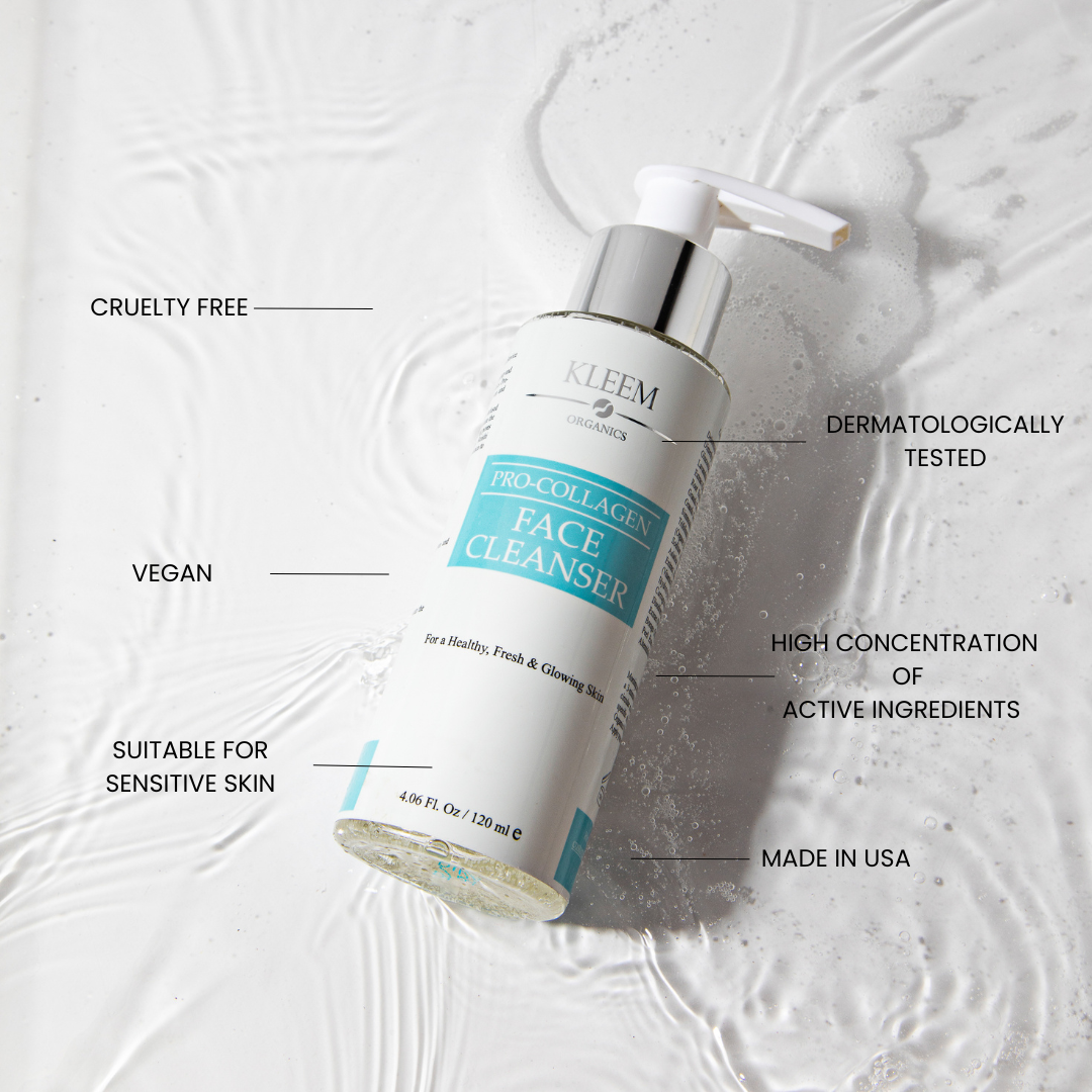 Kleem Pro-Collagen Face Cleanser has a high concentration of active ingredients and is Cruelty free, Dermatologically tested, Made in USA and Vegan. Suitable for sensitive skin