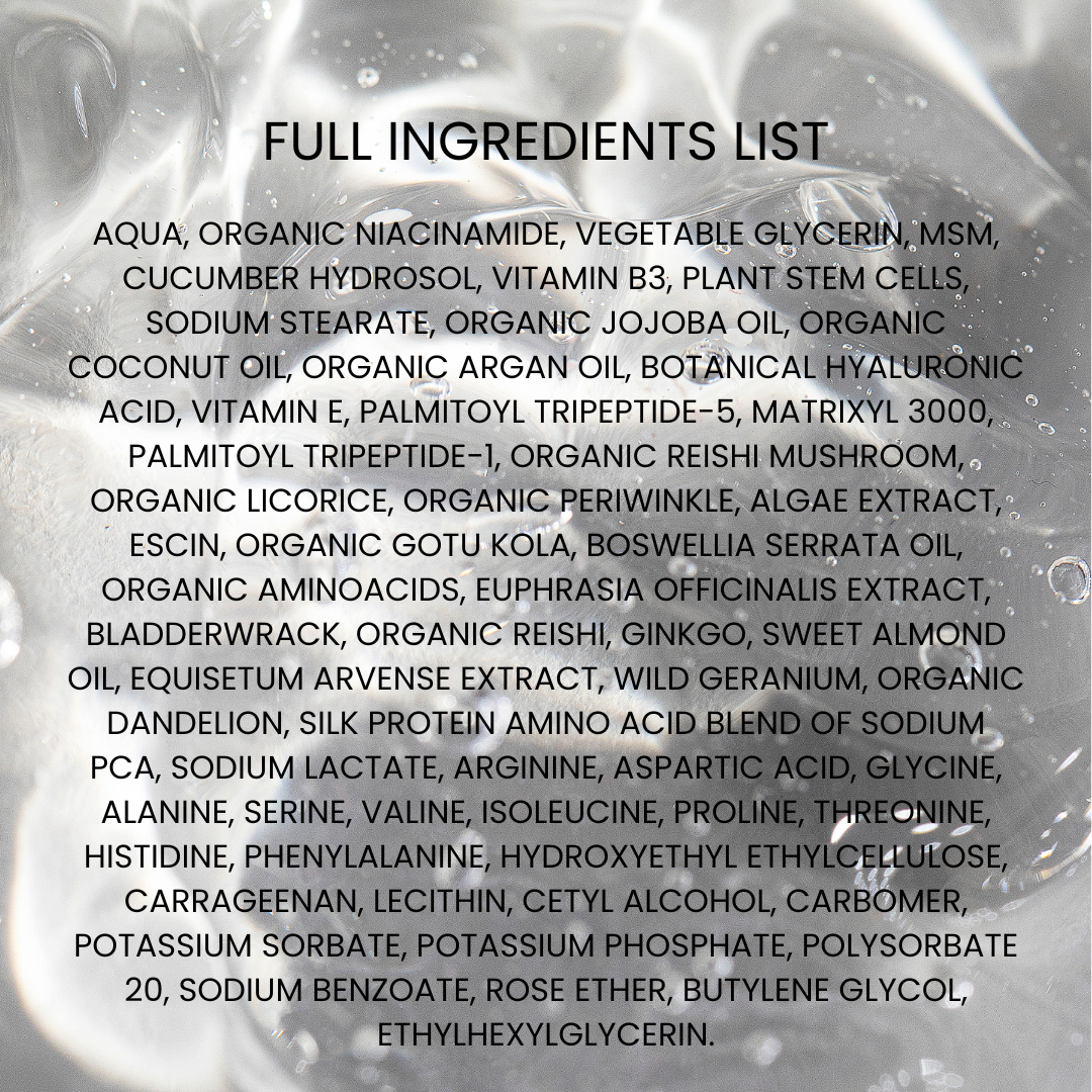 ingredient list of Kleem Organics Eye Cream – featuring Niacinamide, Hyaluronic Acid, and Peptides for firming and hydration