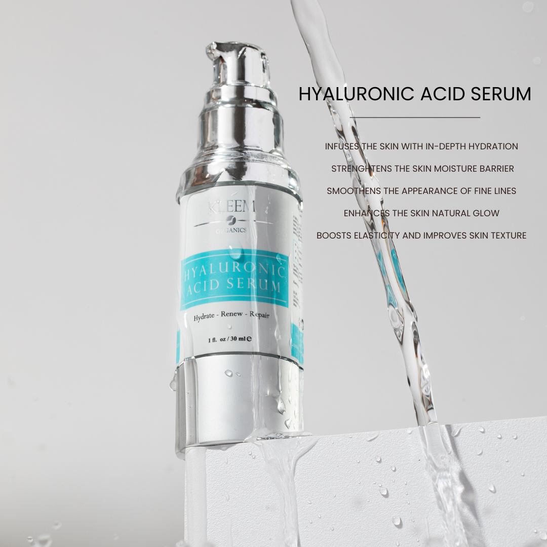 Kleem Organics Hyaluronic Acid Serum list of benefits like Infuses the skin with deep hydration, Boosts elasticity, Strenghtens skin moisture barrier, Improves skin texture, Smoothens the appearance o fine lines, Enhances skin natural glow 