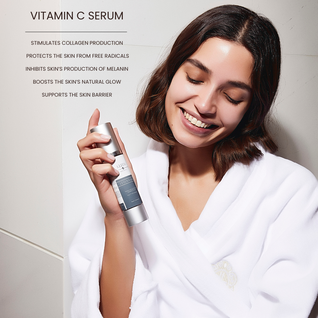 Kleem Organics Vitamin C Serum list of benefits like Reduces the appearance of fine lines, wrinkles and rough texture, Accelerates the production of collagen and elastin, Helps prevent premature aging, Minimizes the appearance of pores, Boosts the skin natural glow