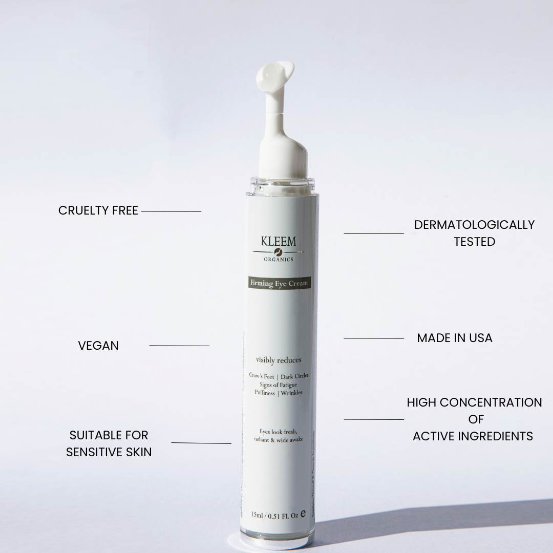 Kleem organics firming eye cream is cruelty freem dermatologically tested, made in USA, vegan 