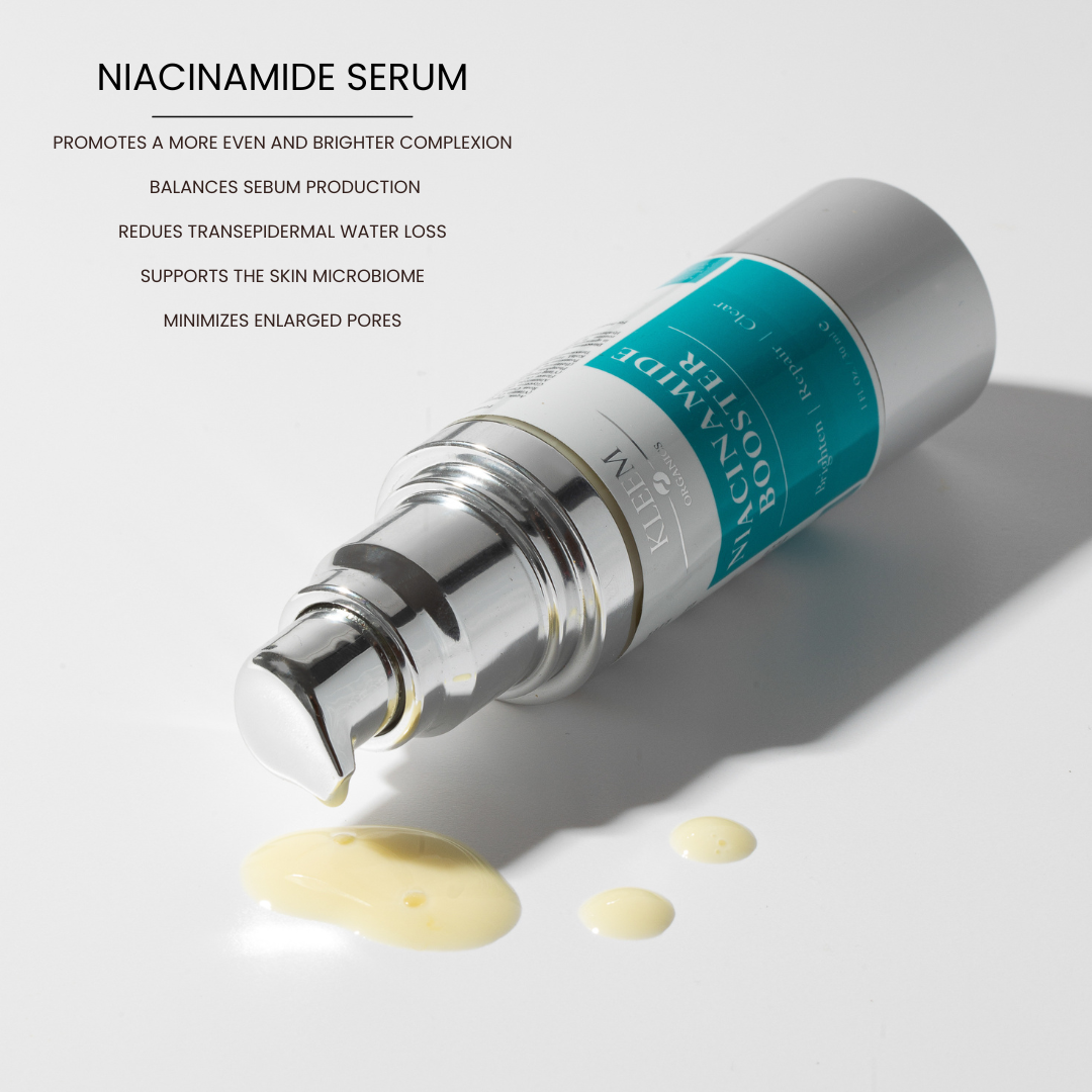 Kleem Niacinamide Booster list of benefits like Minimizes pores, Promotes a more even and brighter complexion, Balances sebum production