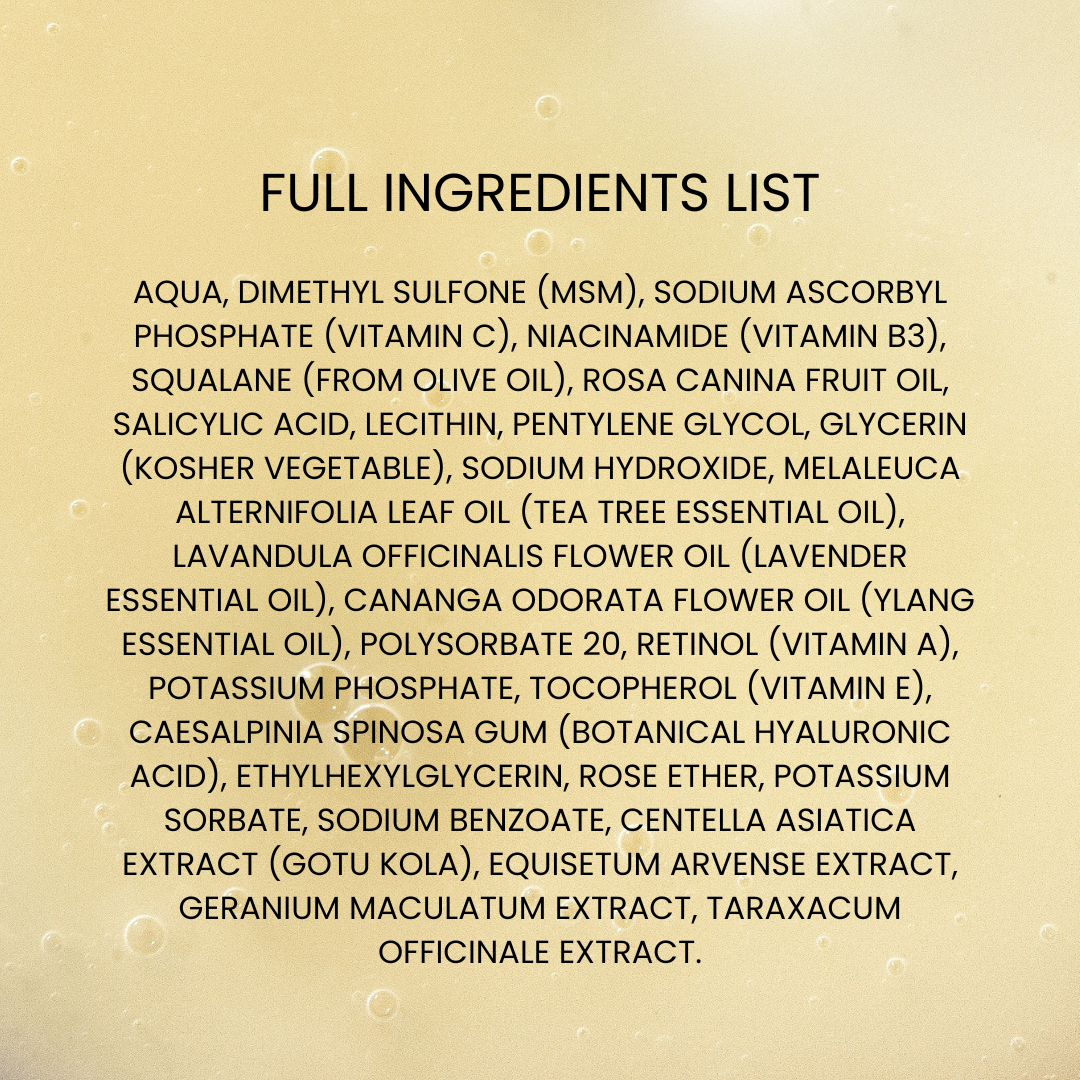 Kleem Niacinamide Booster ingredient list, including Niacinamide, Hyaluronic Acid, Salicylic Acid and Centella Asiatica