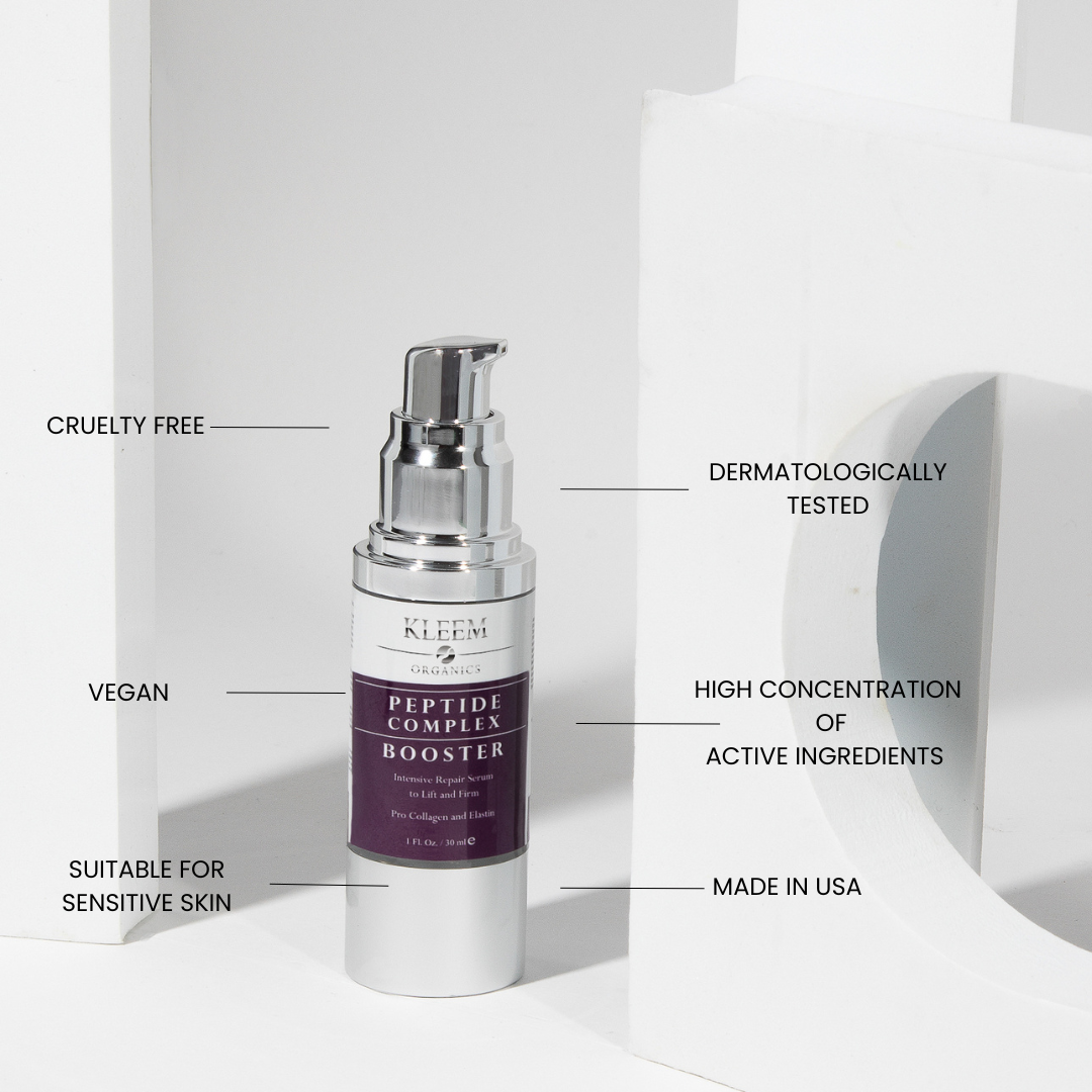 Kleem Peptide Complex Booster has a high concentration of active ingredients and is Cruelty free, Dermatologically tested, Made in USA and Vegan. Suitable for sensitive skin