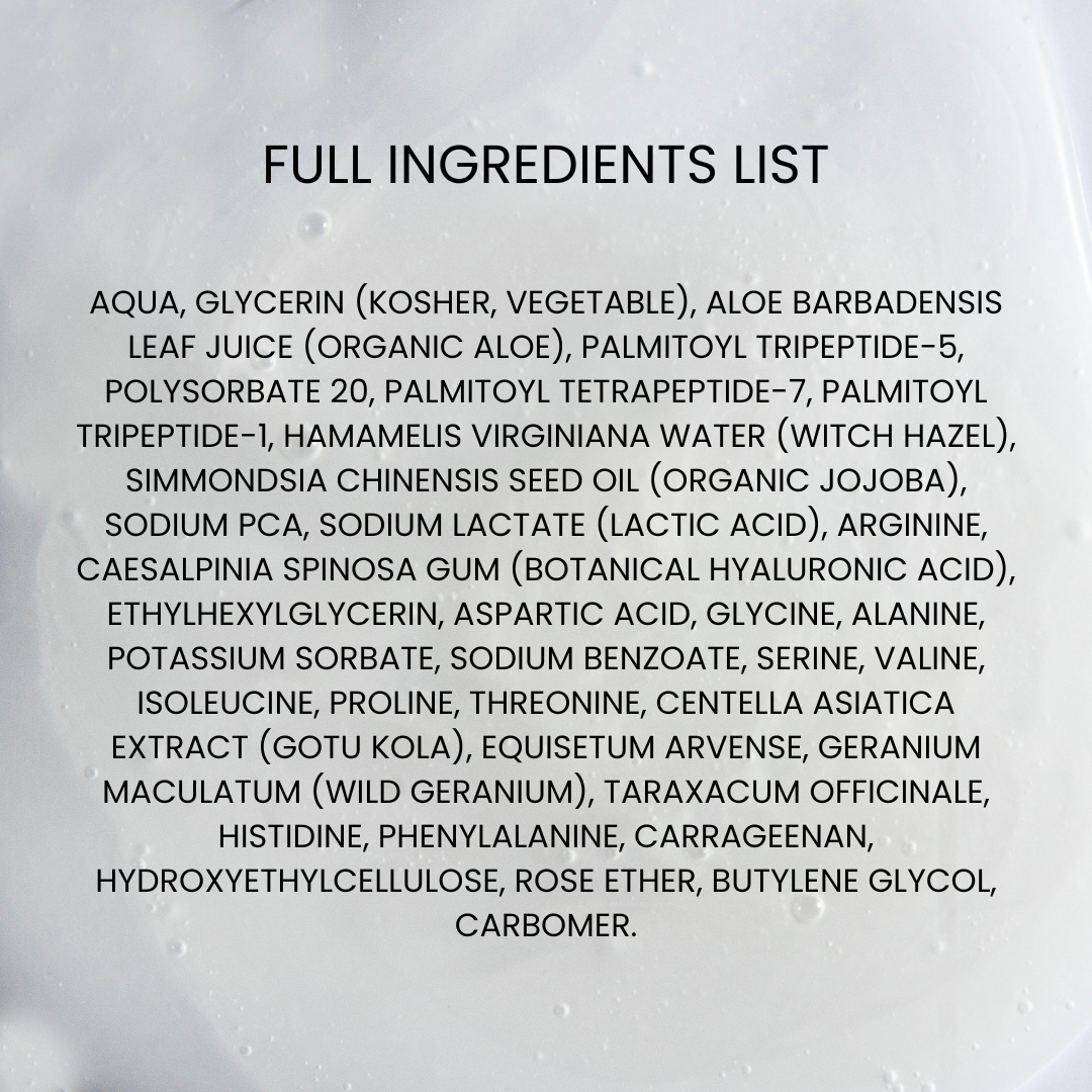 Kleem Peptide Complex Booster ingredient list, including Peptides, Hyaluronic acid and Centella asiatica