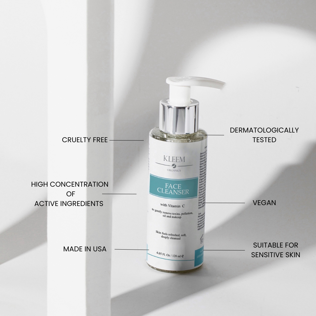 Kleem Vitamin C Face Cleanser has a high concentration of active ingredients and is Cruelty free, Dermatologically tested, Made in USA and Vegan. Suitable for sensitive skin